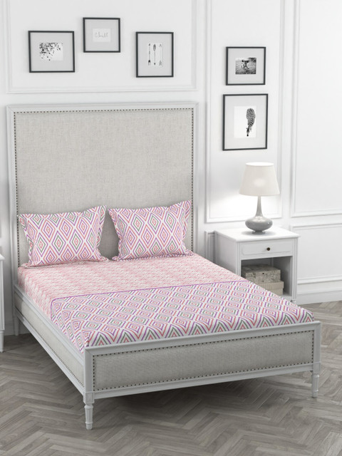 

Portico New York Cream-Coloured & Pink Geometric 210 TC Cotton 1 King Bedsheet with 2 Pillow Covers
