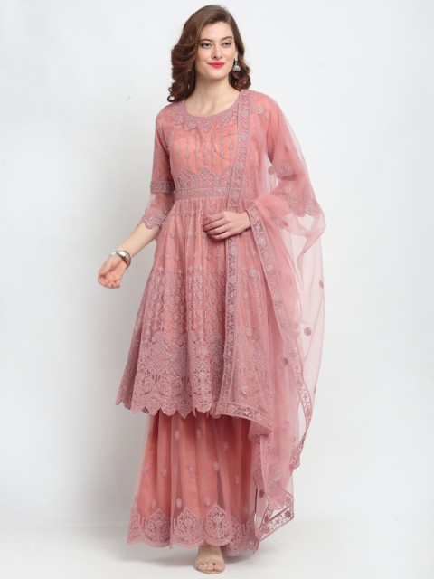 

Stylee LIFESTYLE Pink & Silver-Toned Net Semi-Stitched Dress Material