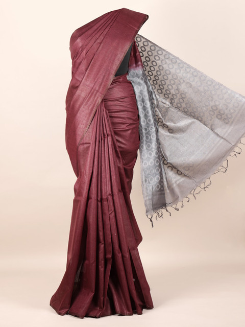

Pothys Purple & Silver-Toned Pure Silk Solid Tussar Saree
