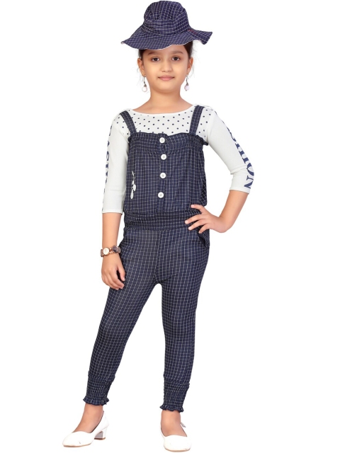 

Aarika Girls Navy Blue & White Checked Jumpsuit with Cap