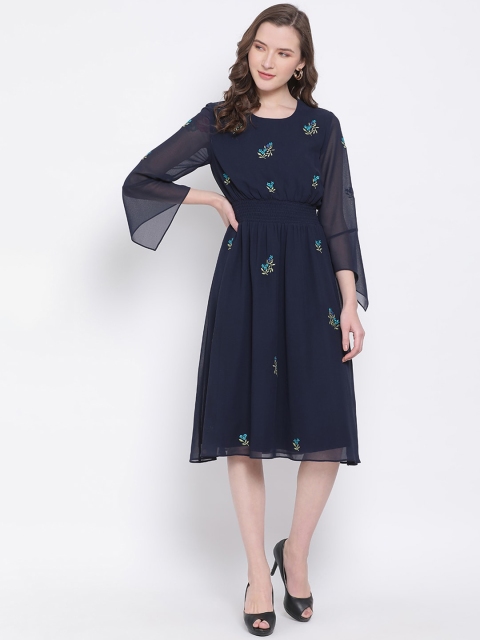 

LY2 Navy Blue Floral Embroidered Chiffon Midi Dress