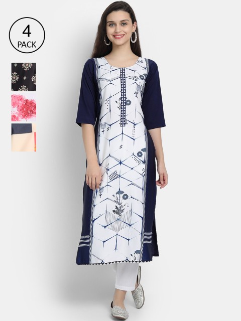 

Ethnic basket Women Pack Of 4 Printed Crepe Kurtas, White