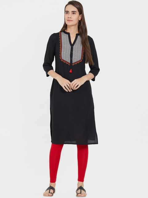 

Fusion Beats Women Black Embroidered Yoke Design Straight Kurta