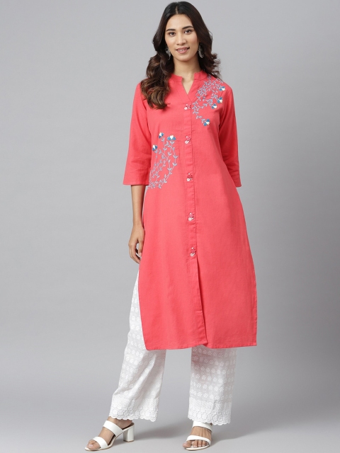 

JAIPUR ATTIRE Women Pink Geometric Embroidered Keyhole Neck Flared Sleeves Thread Work Kurta