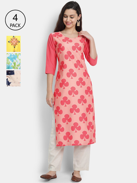 

Ethnic basket Women Pack Of 4 Printed Crepe Kurtas, Peach