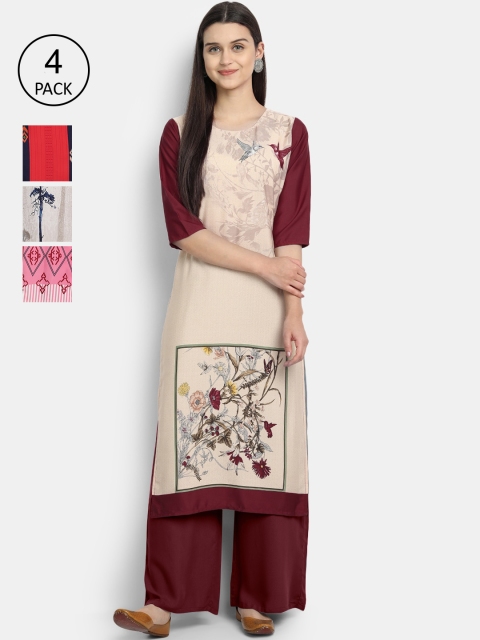 

Ethnic basket Women Pack Of 4 Printed Crepe Kurta, Beige
