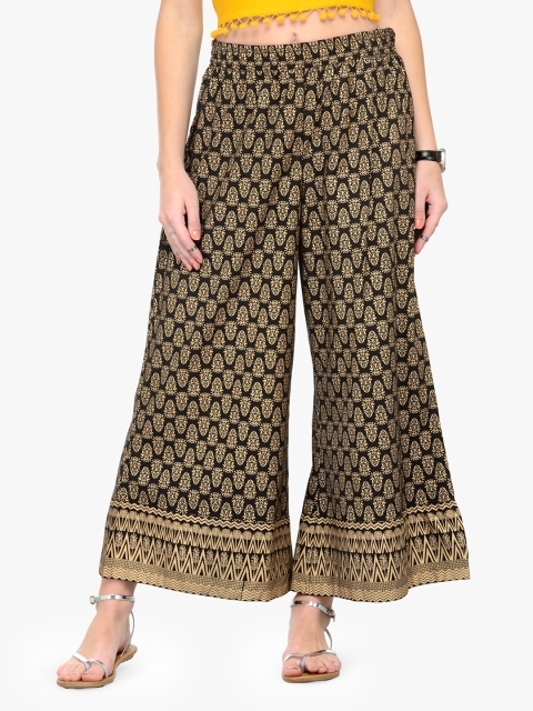 

KSUT Women Black & Gold-Toned Printed Wide Leg Palazzos