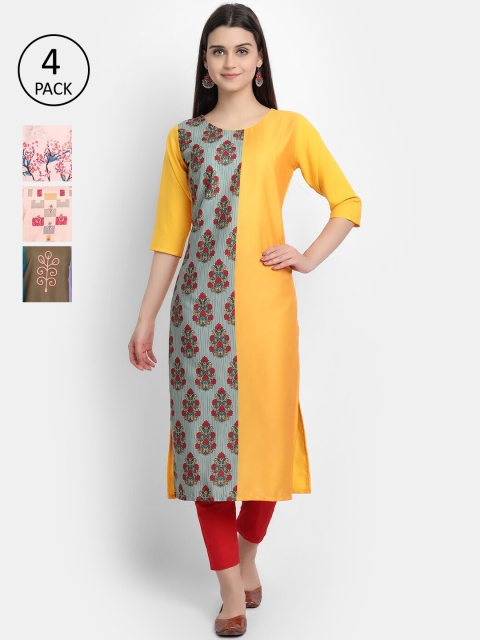 

Ethnic basket Women Pack of 4 Printed Crepe Kurtas, Yellow