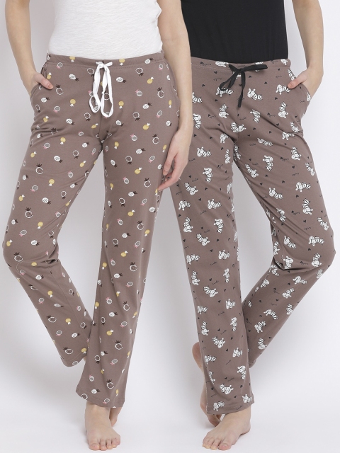 

Kanvin Women Pack Of 2 Printed Pure Cotton Lounge Pants, Brown
