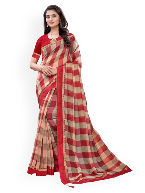 

KALINI Red & Beige Polycotton Checked Saree
