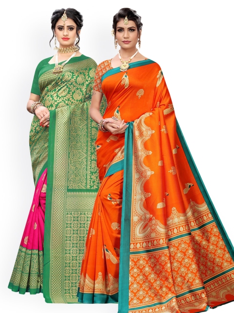 

KALINI Pack Of 2 Orange & Green Art Silk Woven Design Sarees