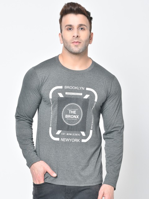 

Chkokko Men Grey Melange & White Printed Round Neck T-shirt