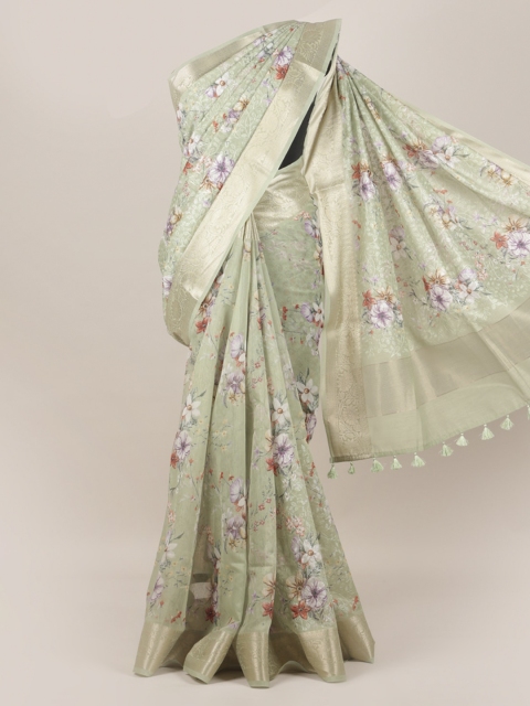 

Pothys Green Floral Printed Linen Blend Saree
