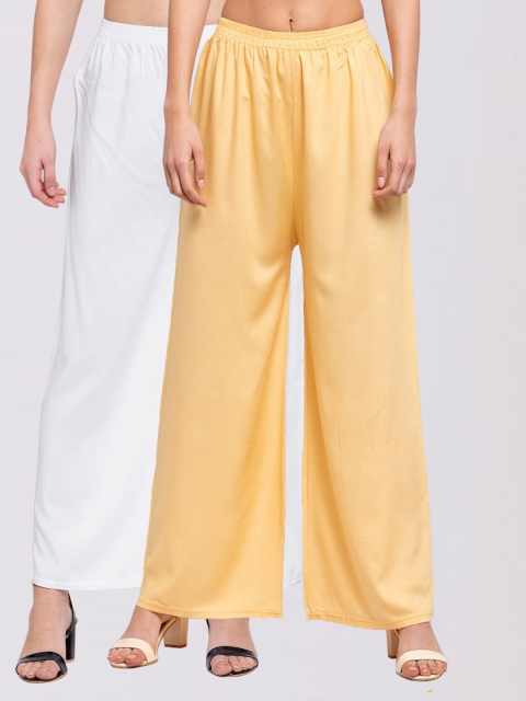 

KLOTTHE Women Pack Of 2 White & Beige Solid Wide Leg Palazzos