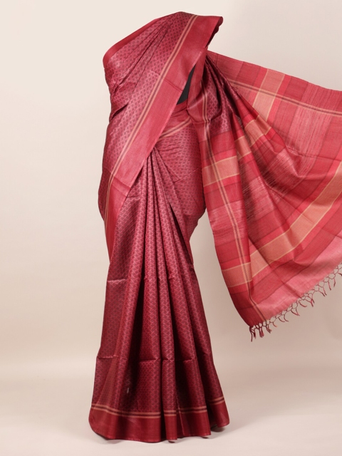 

Pothys Maroon Pure Silk Printed Tussar Saree