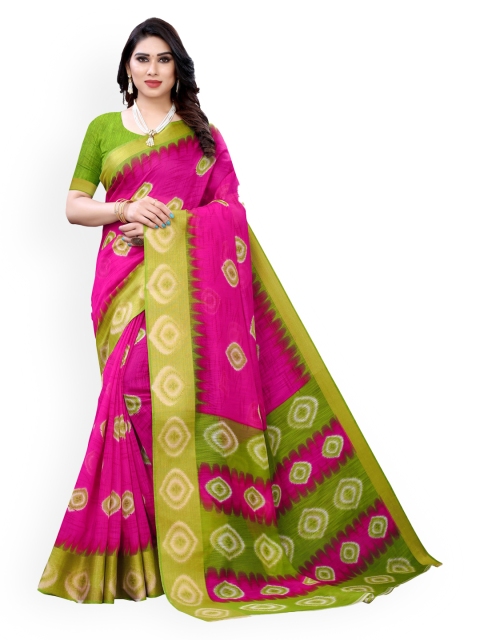 

KALINI Pink & Green Polycotton Printed Saree