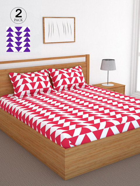 

Bedspun Pink & White Geometric 120 TC Cotton 2 Queen Bedsheet with 4 Pillow Covers