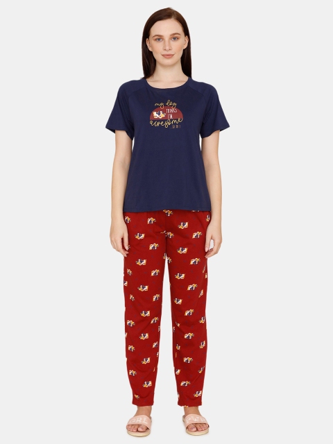 

Zivame Women Navy Blue & Maroon Graphic Nightwear