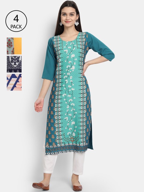 

Ethnic basket Women Pack Of 4 Printed Crepe Kurtas, Sea green