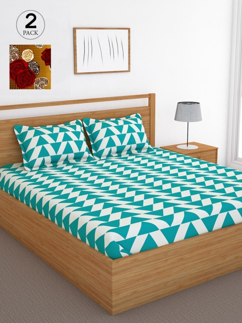 

Bedspun Blue & Beige Floral 120 TC Cotton 2 Queen Bedsheet with 4 Pillow Covers