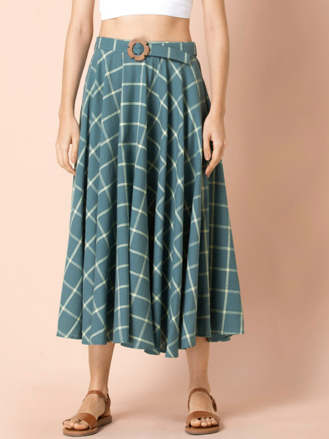 

Earthen BY INDYA Blue Checks Belted Midi Skirt, Teal