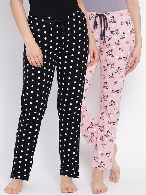 

Kanvin Women Pack Of 2 Printed Pure Cotton Lounge Pants, Black