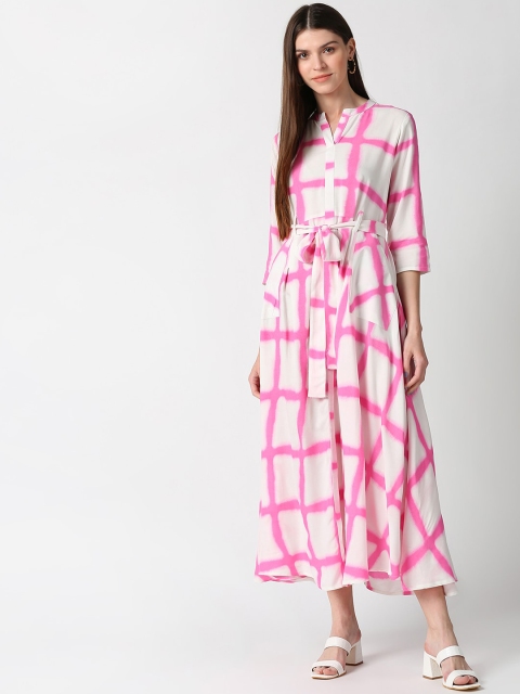 

mokshi Pink & White Checked Midi Dress With Belt