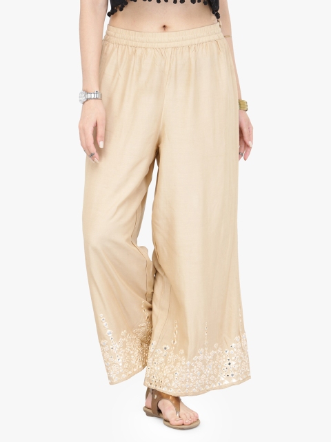 

KSUT Women Beige Hem Design Wide Leg Palazzos