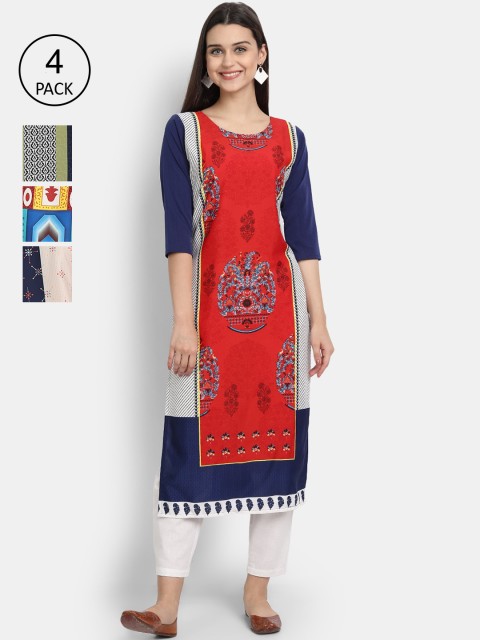 

Ethnic basket Women Pack Of 4 Printed Crepe Kurtas, Red