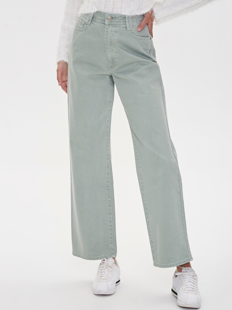 

FOREVER 21 Women Sage Green Solid High-Rise Clean Look Jeans