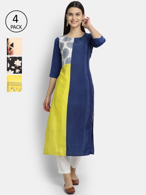 

Ethnic basket Women Pack of 4 Printed Crepe Kurtas, Yellow