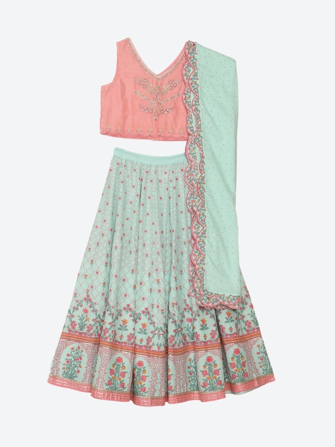 

Biba Girls Blue & Pink Embroidered Ready to Wear Lehenga & Blouse with Dupatta