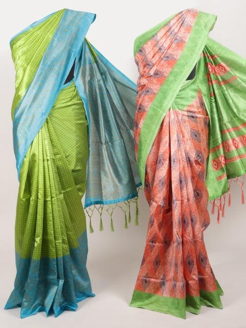 

Pothys Pack of 2 Green & Peach-Coloured Jute Silk Printed Saree