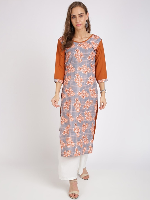 

Florence Women Grey & Orange Floral Printed Crepe Kurta