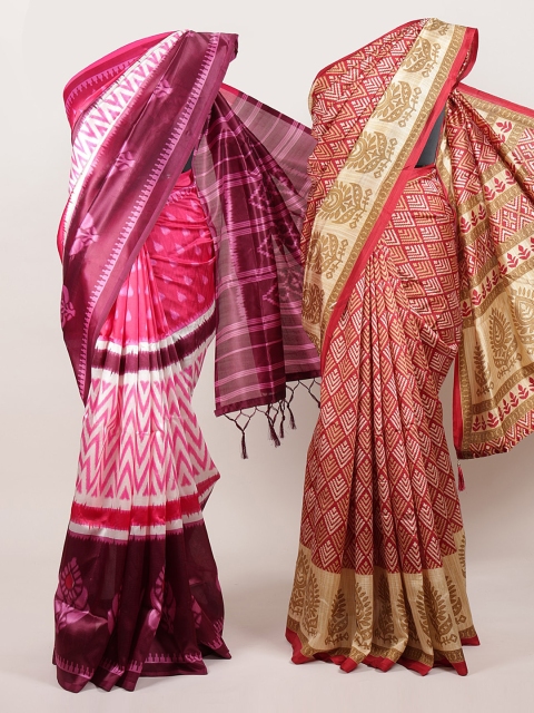 

Pothys Pack of 2 Maroon & Pink Jute Silk Printed Saree