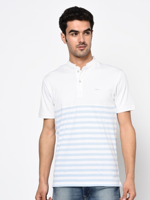 

Octave Men White & Blue Striped Mandarin Collar Cotton T-shirt