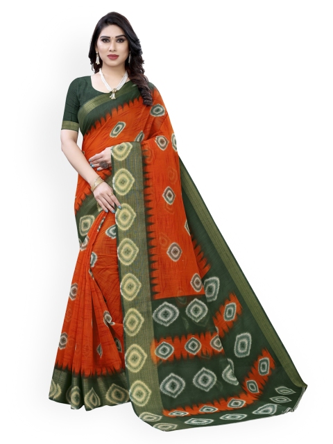 

KALINI Orange & Green Polycotton Printed Saree