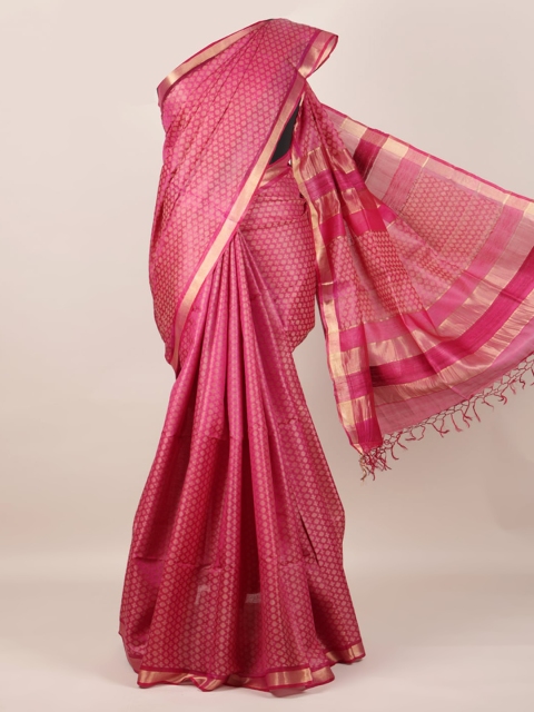 

Pothys Magenta & Gold-Toned Pure Silk Woven Design Tussar Saree