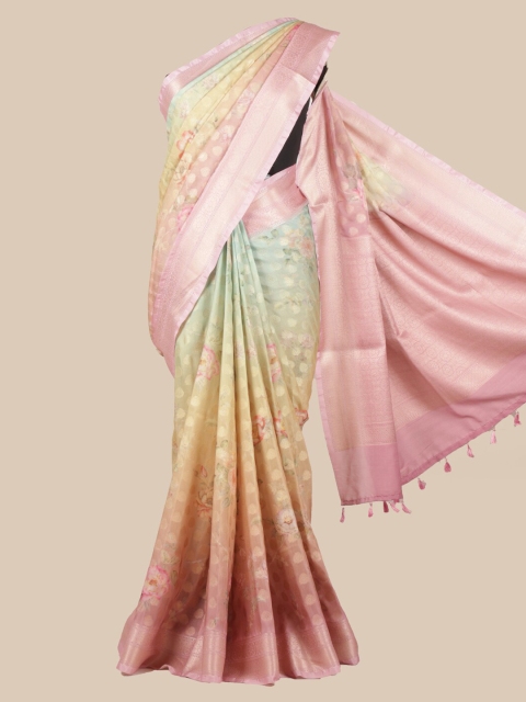 

Pothys Pink & Green Linen Blend Printed Saree
