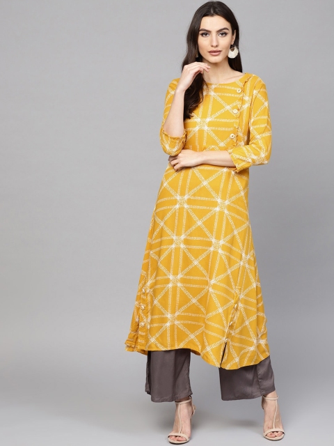 

Yufta Women Yellow Geometric Printed A-Line Kurta