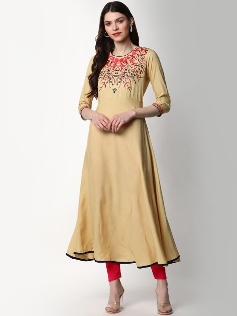 

mokshi Women Beige Ethnic Motifs Embroidered Mirror Work Anarkali Kurta
