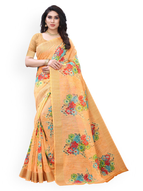 

KALINI Peach-Coloured Printed Polycotton Saree