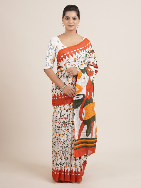 

Pothys White & Orange Pure Cotton Printed Saree