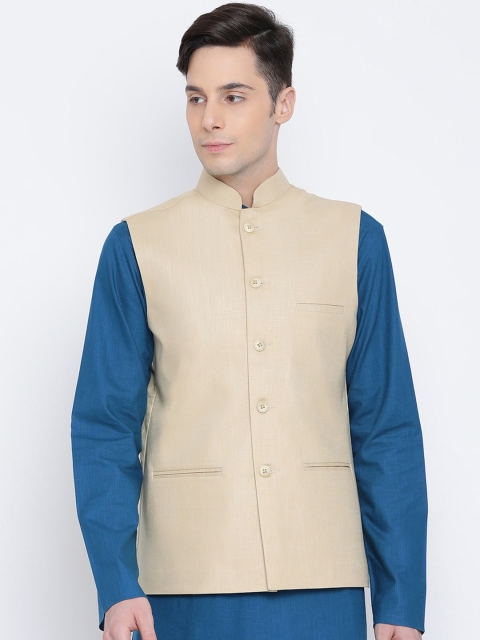 

NAMASKAR Men Beige Solid Woven Pure Cotton Nehru Jacket
