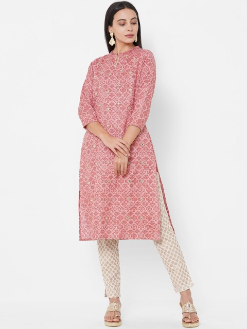 

FASHOR Women Pink & White Ethnic Motifs Printed Regular A-Line Kurta with Trousers