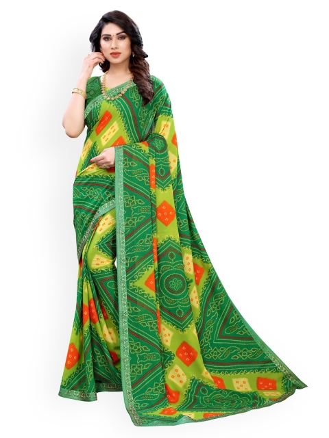 

KALINI Green & Yellow Pure Georgette Printed Bandhani Saree