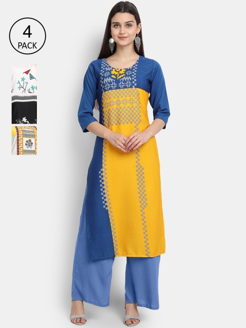 

Ethnic basket Women Pack Of 4 Printed Crepe Kurtas, Yellow