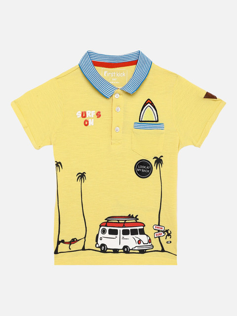 

First Kick Boys Yellow Printed Polo Collar T-shirt