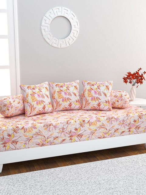 

HOME AFFAIRS Set Of 6 White & Orange Floral Printed Pure Cotton Diwan Set