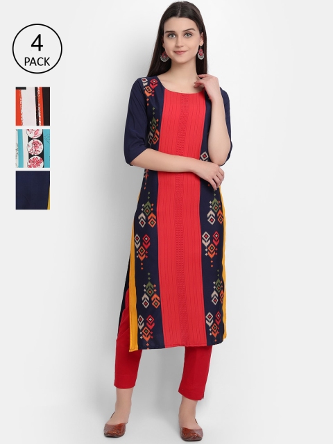 

Ethnic basket Women Pack Of 4 Printed Crepe Kurta, Red